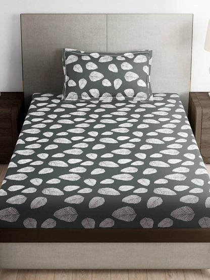 Story@home Arena Grey & White Floral Printed 180 TC Bedsheet & Pillow Covers