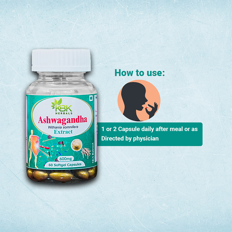 KBK Herbals Ashwagandha Root Extract Capsules - 60 Softgel Capsules