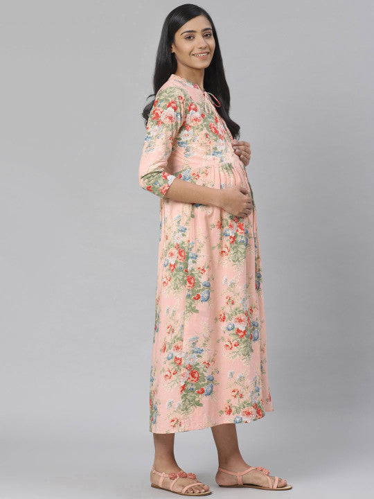 Anayna Women Peach-Coloured & Green Floral Printed Pure Cotton Maternity A-Line Dress