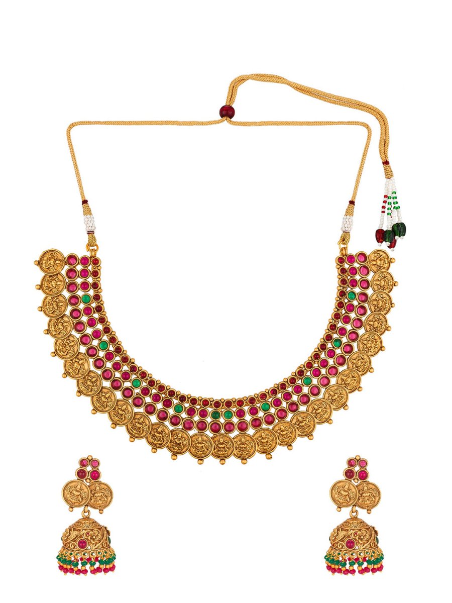Aadita Gold-Polished & Pink Stone Studded Handcrafted Jewellery Set