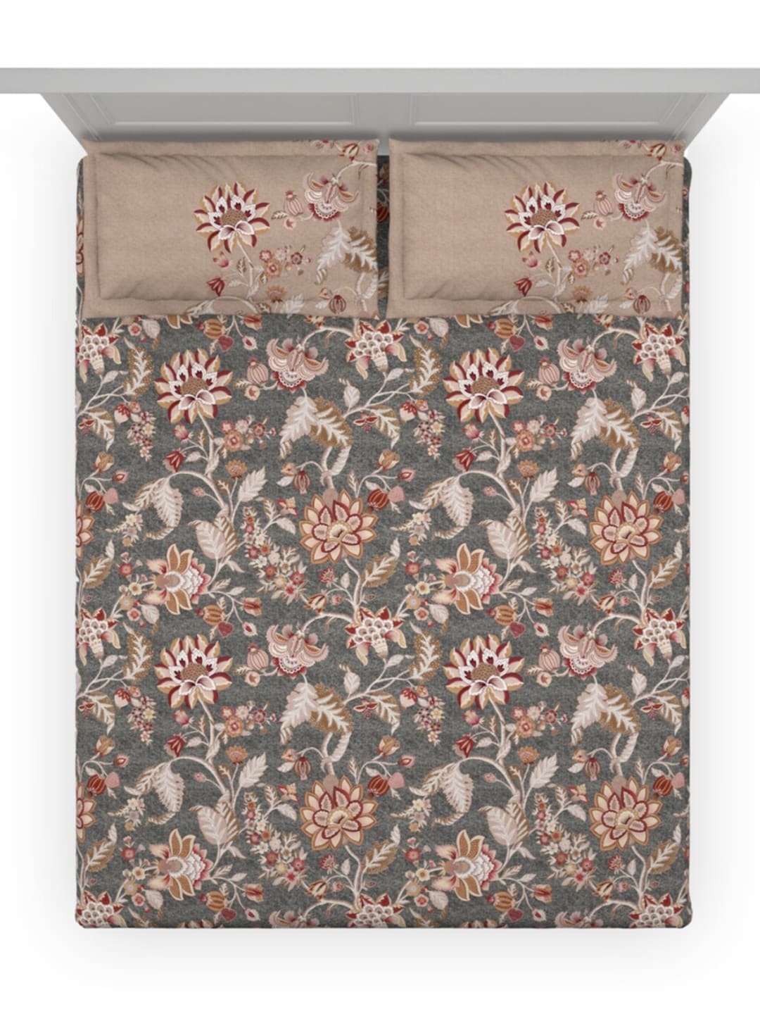 DDecor Grey & Maroon Ethnic Motifs 140 TC Cotton Queen Bedsheet with 2 Pillow Covers