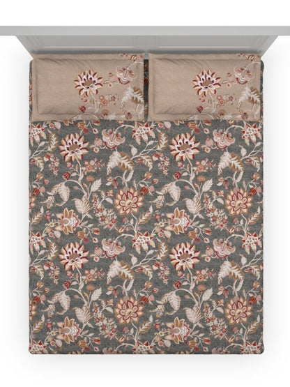 DDecor Grey & Maroon Ethnic Motifs 140 TC Cotton Queen Bedsheet with 2 Pillow Covers