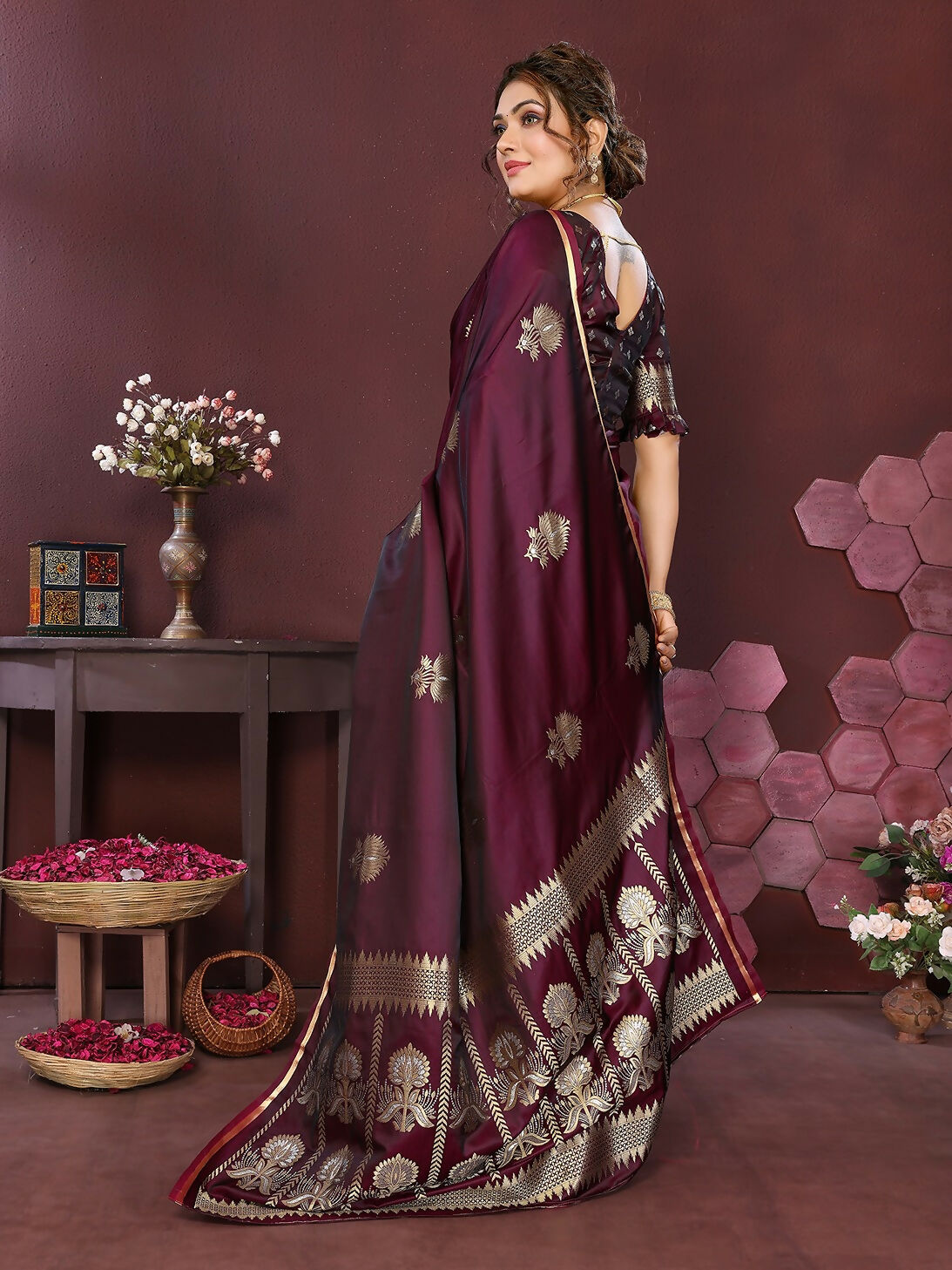 Joban Fashion Wine Floral Motifs Banarasi Silk Sarees
