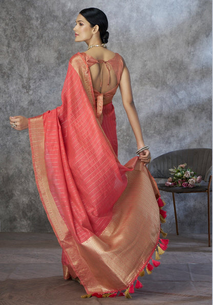 Anaita Red Cotton Silk Zari Woven Work Saree With Blouse Piece