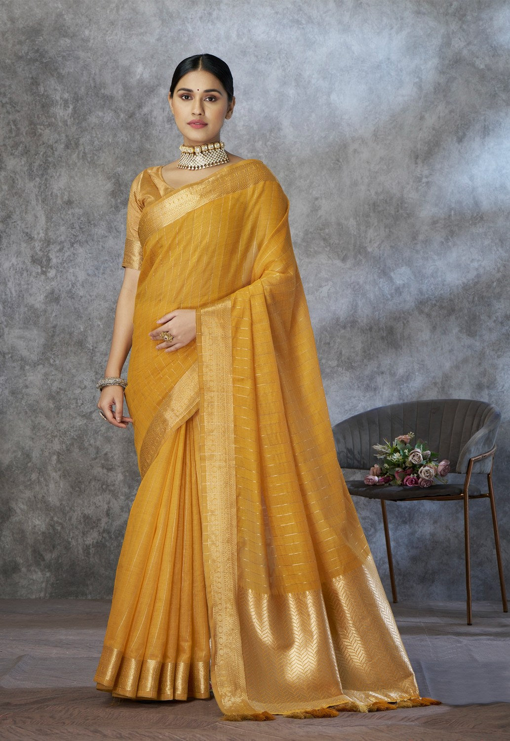 Anaita Mustard Cotton Silk Zari Woven Work Saree With Blouse Piece