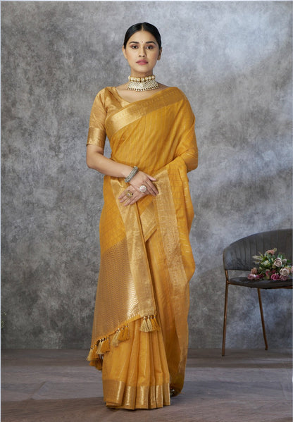 Anaita Mustard Cotton Silk Zari Woven Work Saree With Blouse Piece