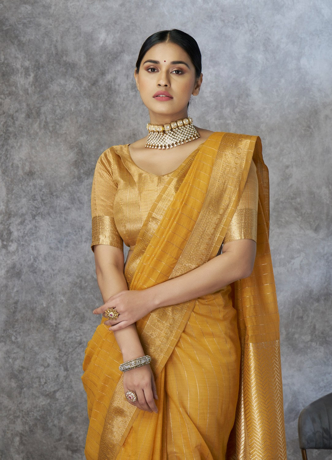 Anaita Mustard Cotton Silk Zari Woven Work Saree With Blouse Piece