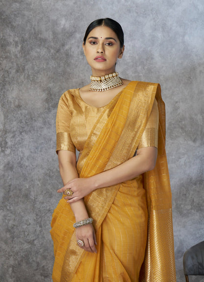 Anaita Mustard Cotton Silk Zari Woven Work Saree With Blouse Piece