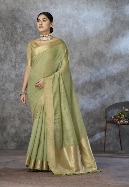 Anaita Green Cotton Silk Zari Woven Work Saree With Blouse Piece