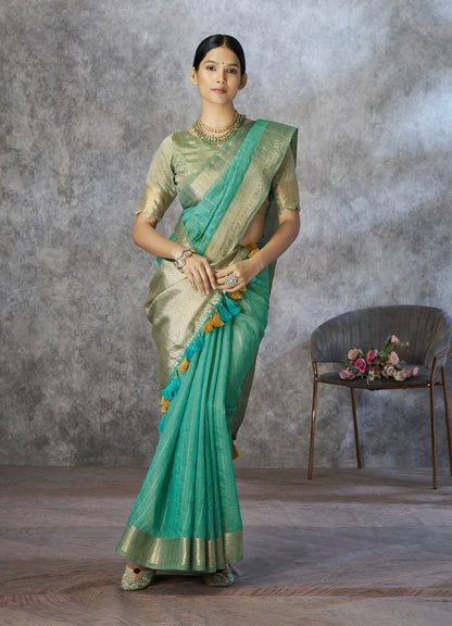Anaita Mint Cotton Silk Zari Woven Work Saree With Blouse Piece