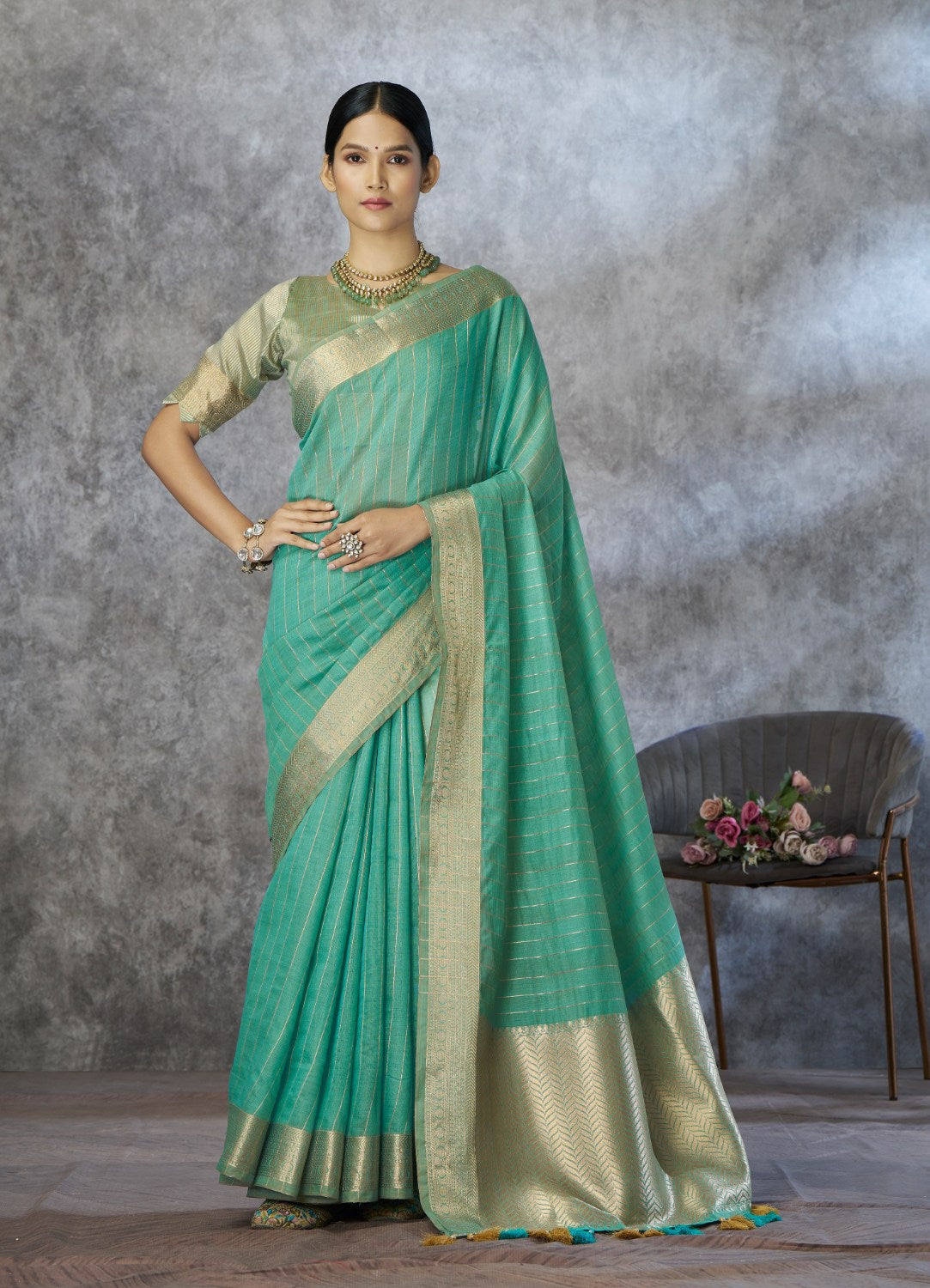 Anaita Mint Cotton Silk Zari Woven Work Saree With Blouse Piece