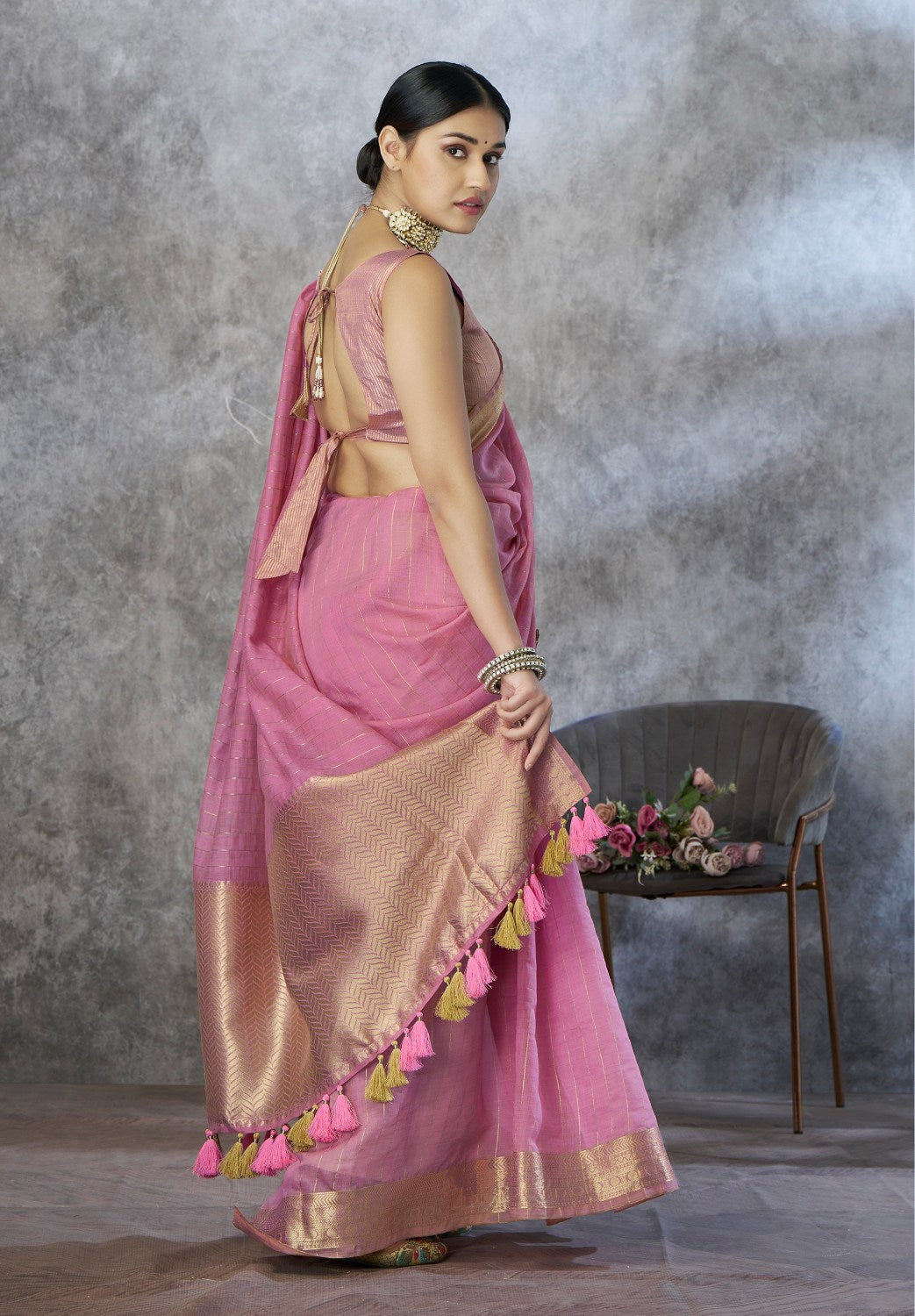 Anaita Pink Cotton Silk Zari Woven Work Saree With Blouse Piece