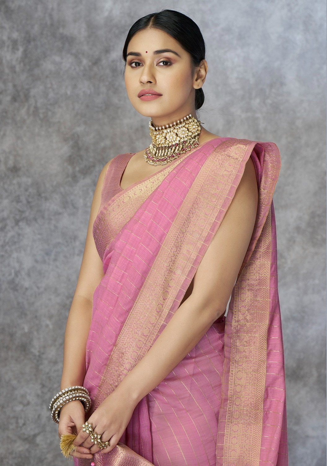 Anaita Pink Cotton Silk Zari Woven Work Saree With Blouse Piece