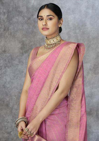 Anaita Pink Cotton Silk Zari Woven Work Saree With Blouse Piece