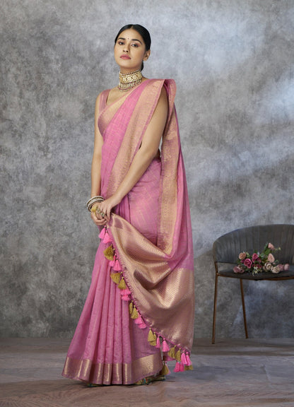 Anaita Pink Cotton Silk Zari Woven Work Saree With Blouse Piece
