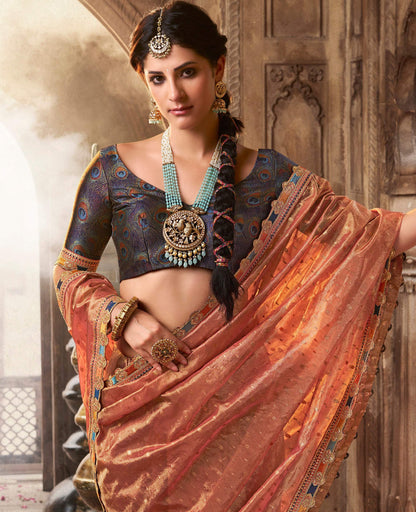 Anaita Designer Orange Weaving Soft Tissue Silk Saree With Designer Blouse
