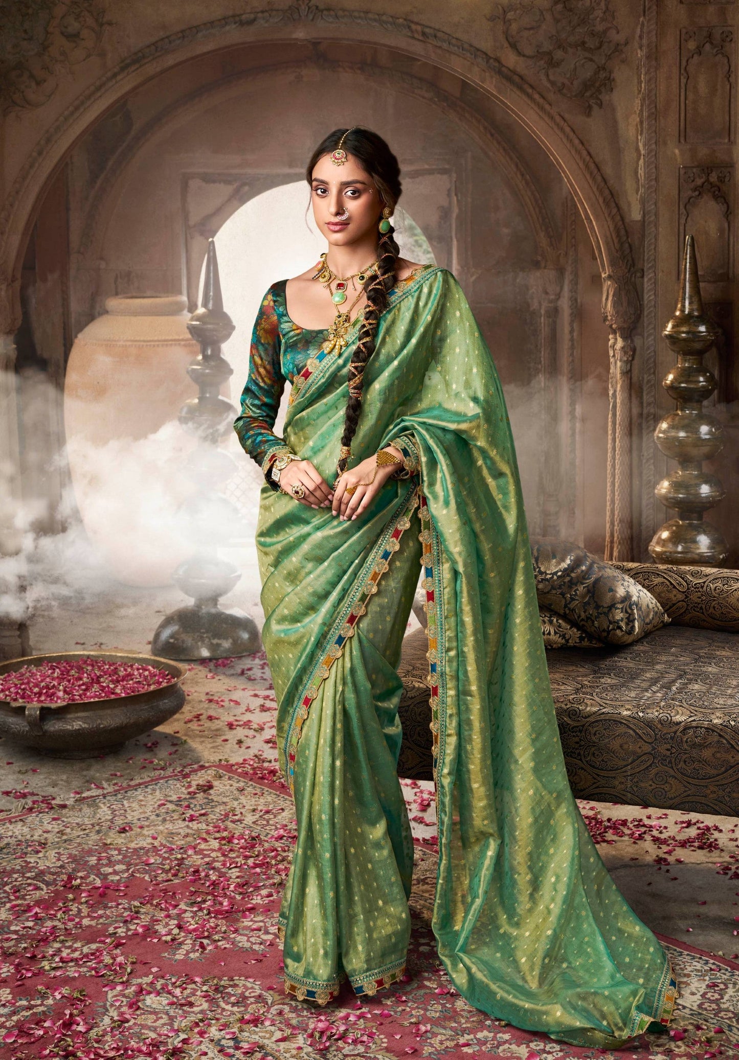 Anaita Designer Green Weaving Soft Tissue Silk Saree With Designer Blouse