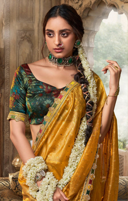 Anaita Designer Yellow Weaving Soft Tissue Silk Saree With Designer Blouse