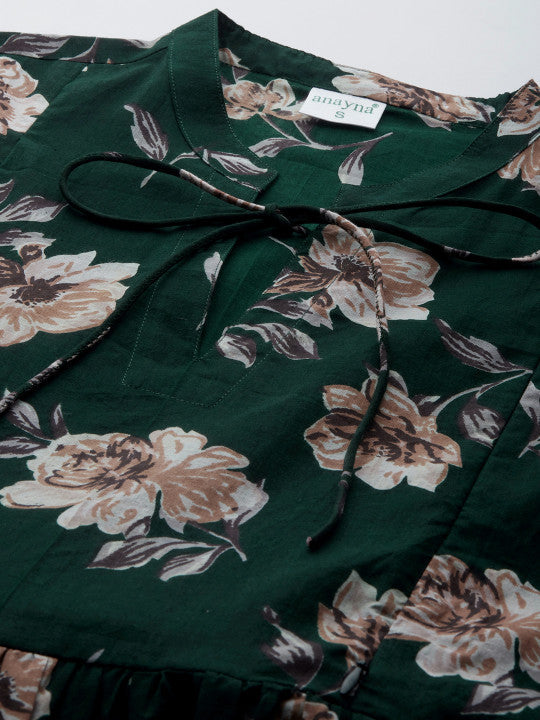 Anayna Green & Beige Floral Print Cotton Maternity A-Line Dress