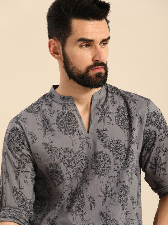 Anouk Men Grey Quirky Printed Cotton Short Kurta