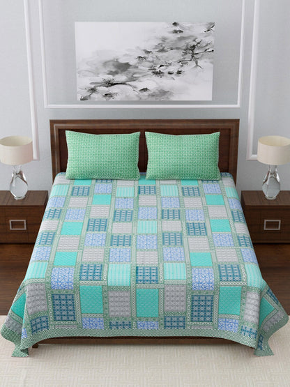 LIVING ROOTS Blue & Green Jaipur Printed 210 TC King Bedsheet with 2 Pillow Covers