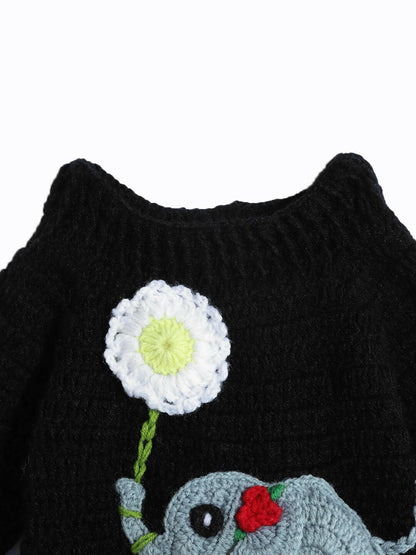 Chutput Kids Woollen Hand Knitted Full Sleeves Elephant Detail Sweater For Baby Boys - Black