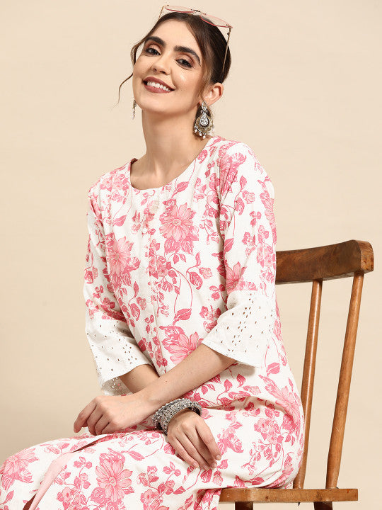 Sangria Floral Printed Cotton Slub Kurta