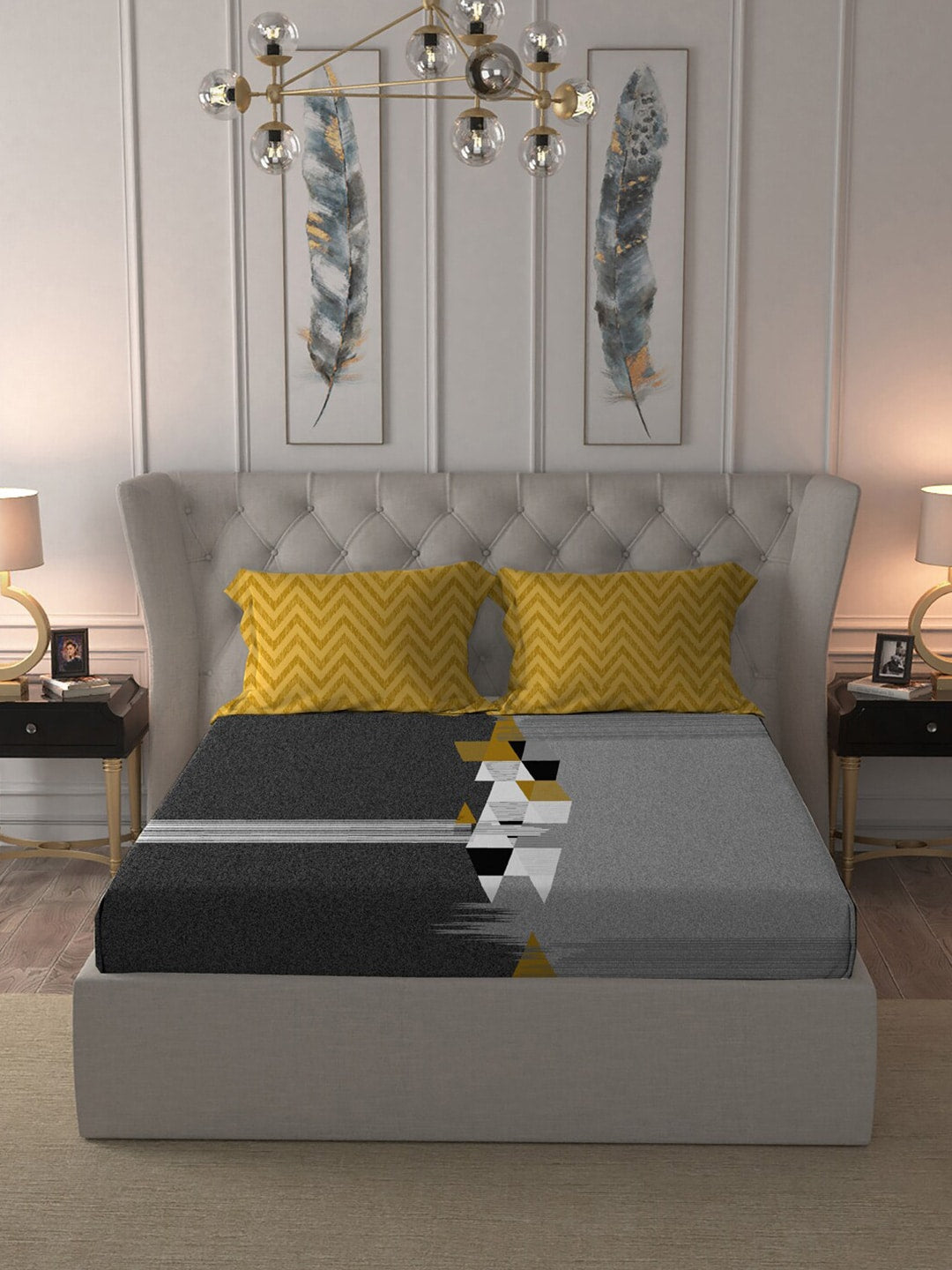 MYTRIDENT Grey Melange White Geometric Cotton 144 TC Queen Bedsheet With 2 Pillow Covers