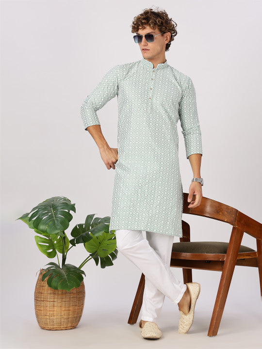 Anouk Geometric Printed Mandarin Collar Straight Cotton White and Blue Printed Kurta