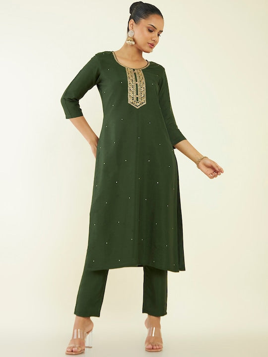 Soch Green Embroidered Zari Kurta with Trousers & Dupatta