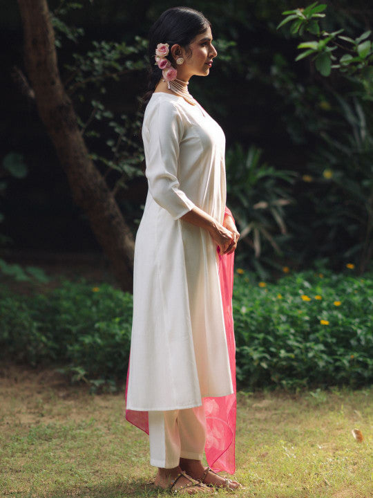 Anayna V-Neck Panelled Silk Anarkali Kurta with Trousers & Dupatta