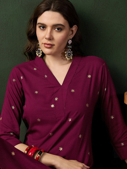 Sangria Burgundy Floral Printed V-Neck Straight Kurta With Trousers