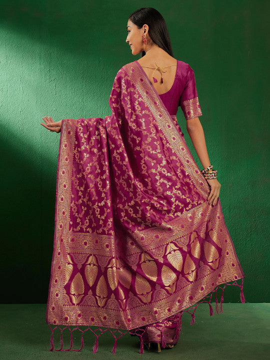 Sangria Burgundy Ethnic Motifs Woven Design Zari Banarasi Saree