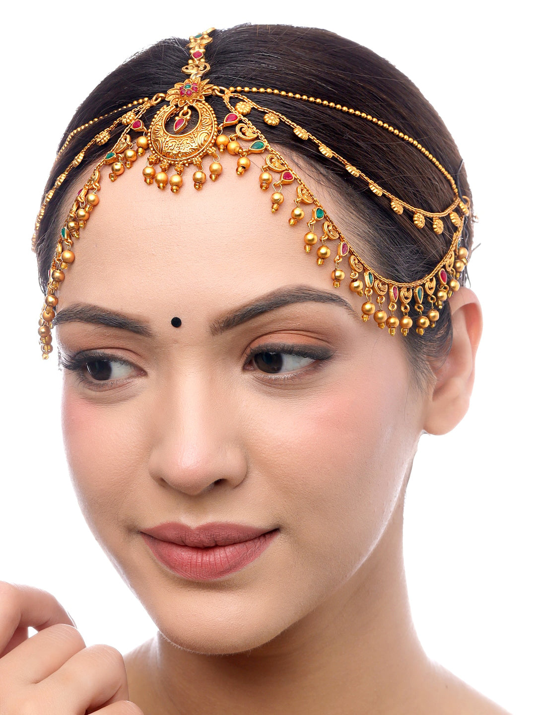 Yellow Chimes Gold-Polished Red & Green Stone-Studded Layered Bridal Maatha Patti