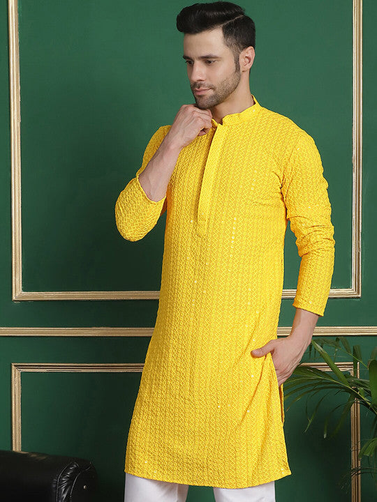 Anouk Yellow Ethnic Motifs Embroidered Mandarin Collar Straight Kurta