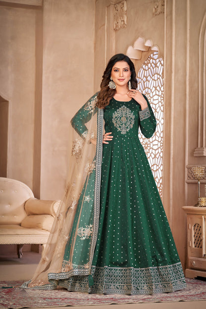 Anaita Green Embroidered Tapeta Silk Anarkali Suit