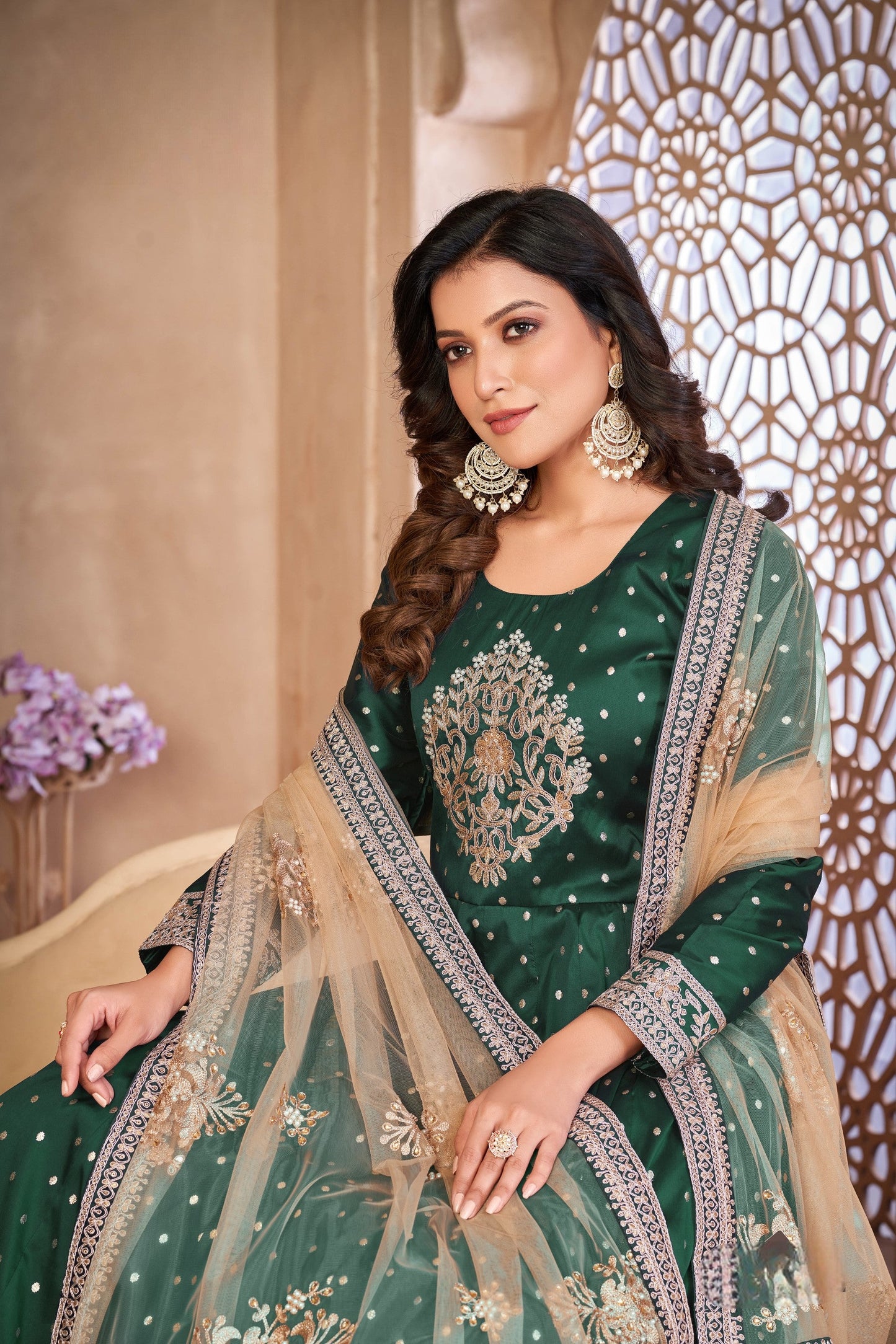 Anaita Green Embroidered Tapeta Silk Anarkali Suit