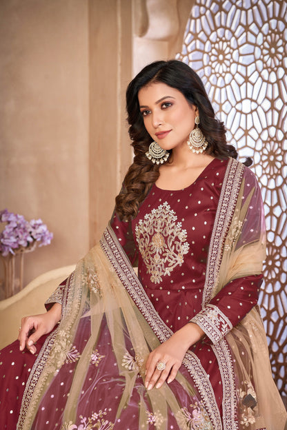 Anaita Maroon Embroidered Tapeta Silk Anarkali Suit