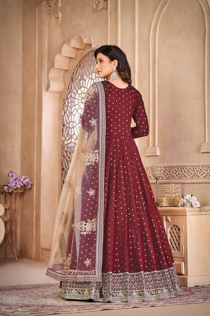 Anaita Maroon Embroidered Tapeta Silk Anarkali Suit