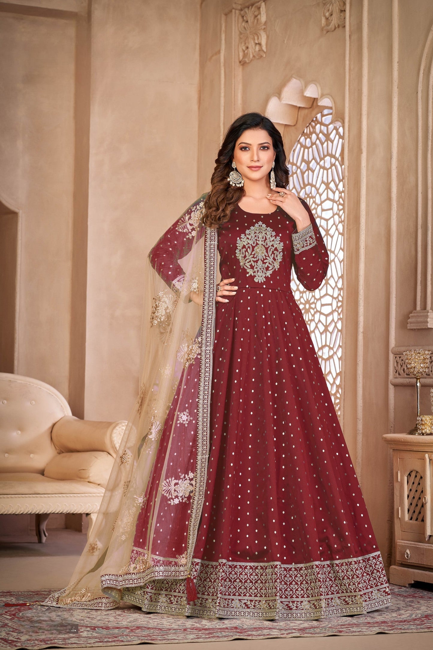 Anaita Maroon Embroidered Tapeta Silk Anarkali Suit
