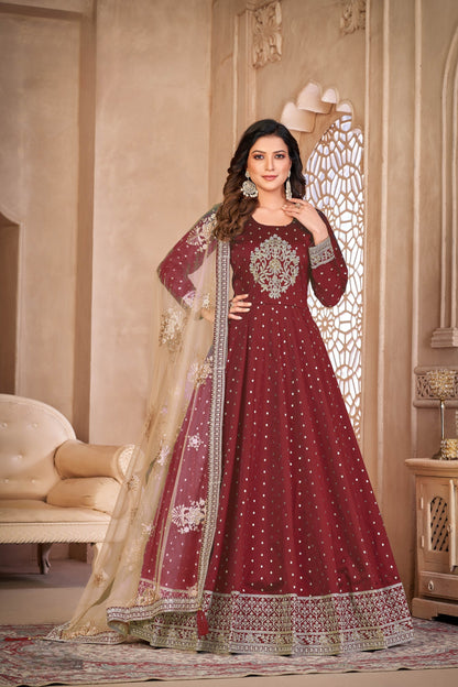 Anaita Maroon Embroidered Tapeta Silk Anarkali Suit