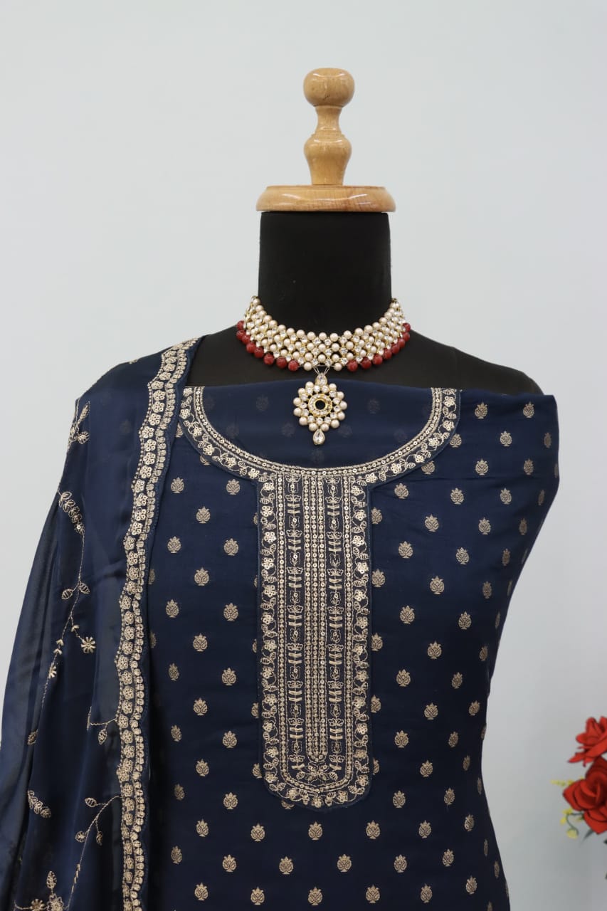 Anaita Navy Blue Dola Jacquard Silk Sequin Embroidered Salwar Suit