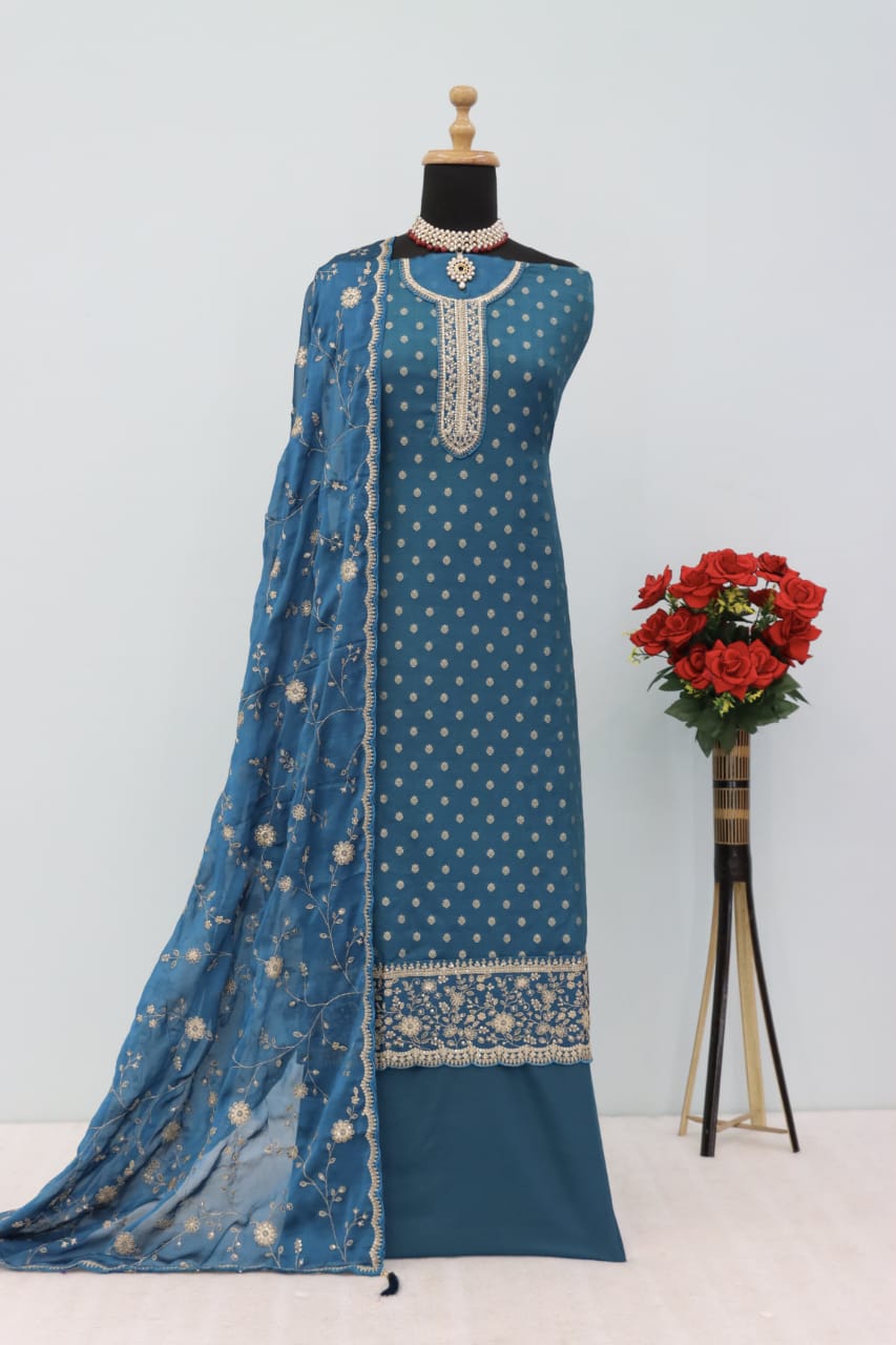 Anaita Turquoise Dola Jacquard Silk Sequin Embroidered Salwar Suit
