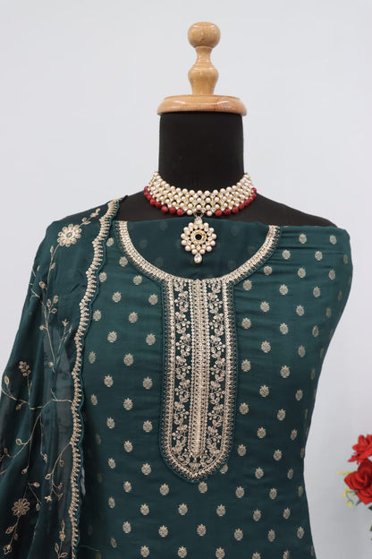 Anaita Dark Green Dola Jacquard Silk Sequin Embroidered Salwar Suit