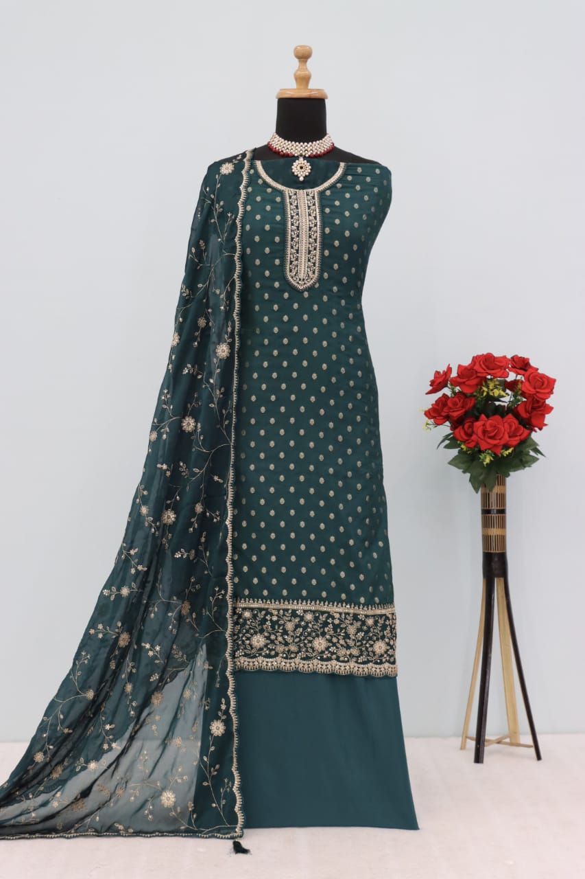 Anaita Dark Green Dola Jacquard Silk Sequin Embroidered Salwar Suit