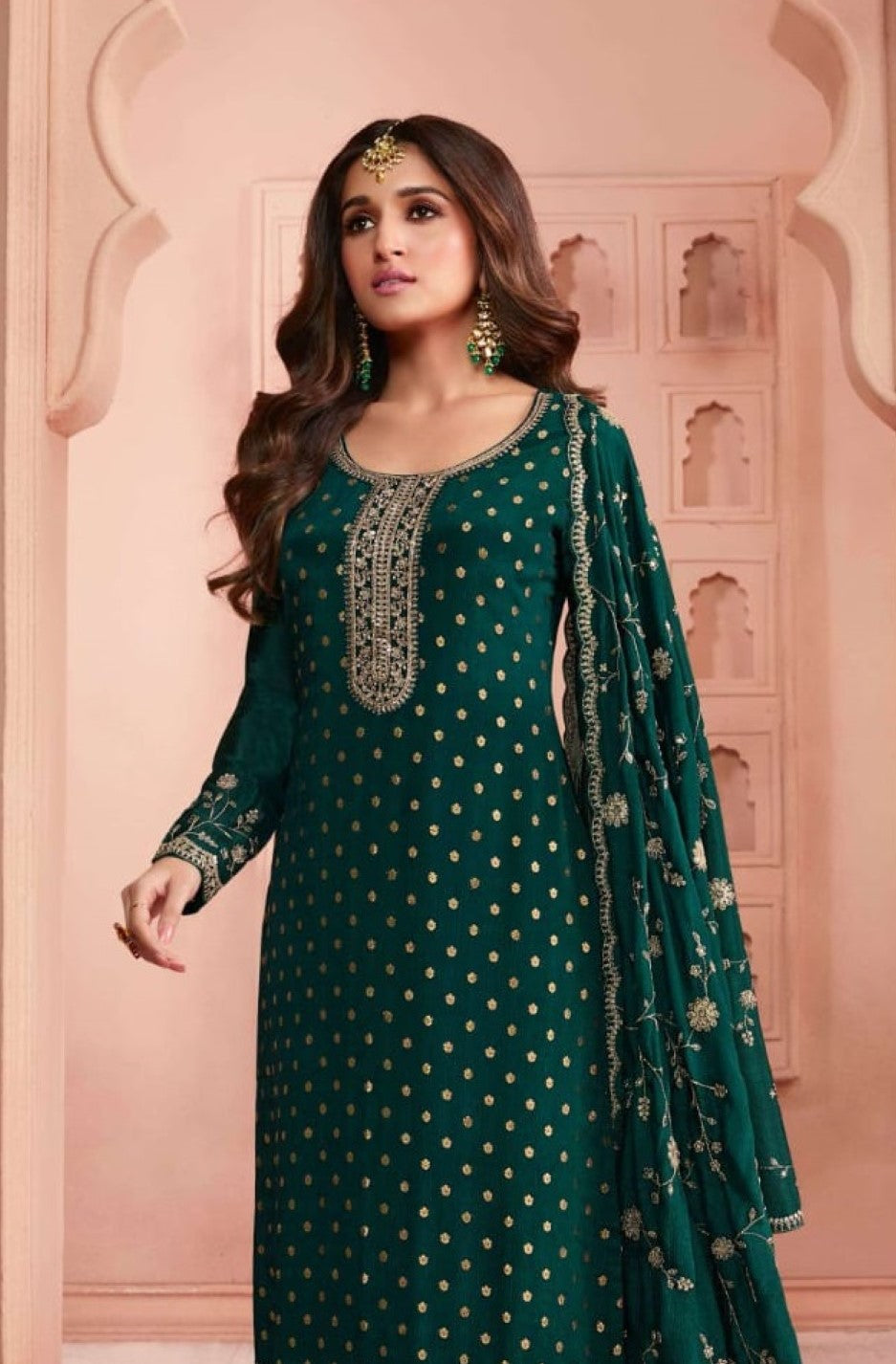 Anaita Dark Green Dola Jacquard Silk Sequin Embroidered Salwar Suit