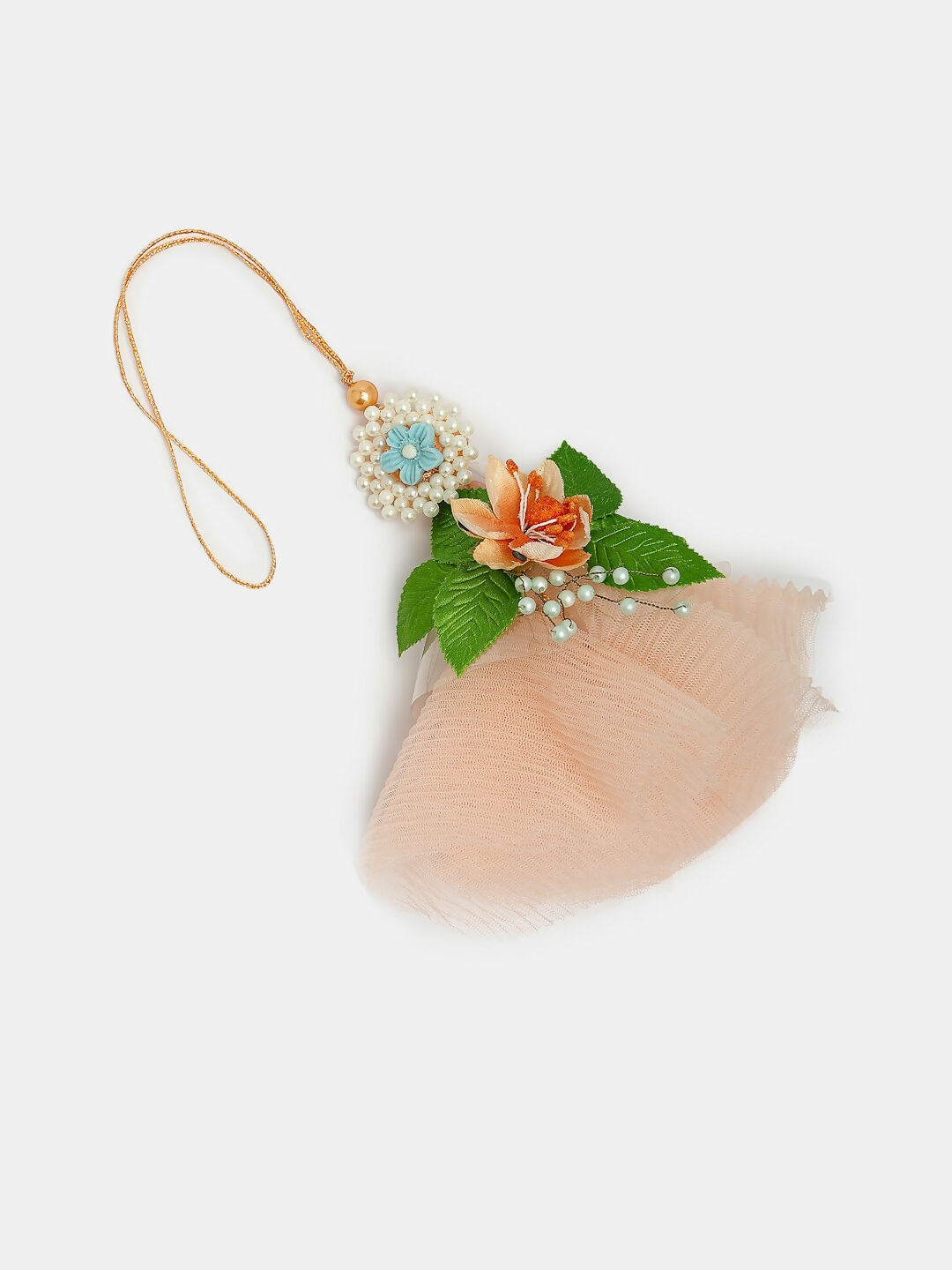 NVR Women & Men Set of 2 Peach Floral Design Pearl Beaded Bhaiya Bhabi Rakhi With Roli Chawal