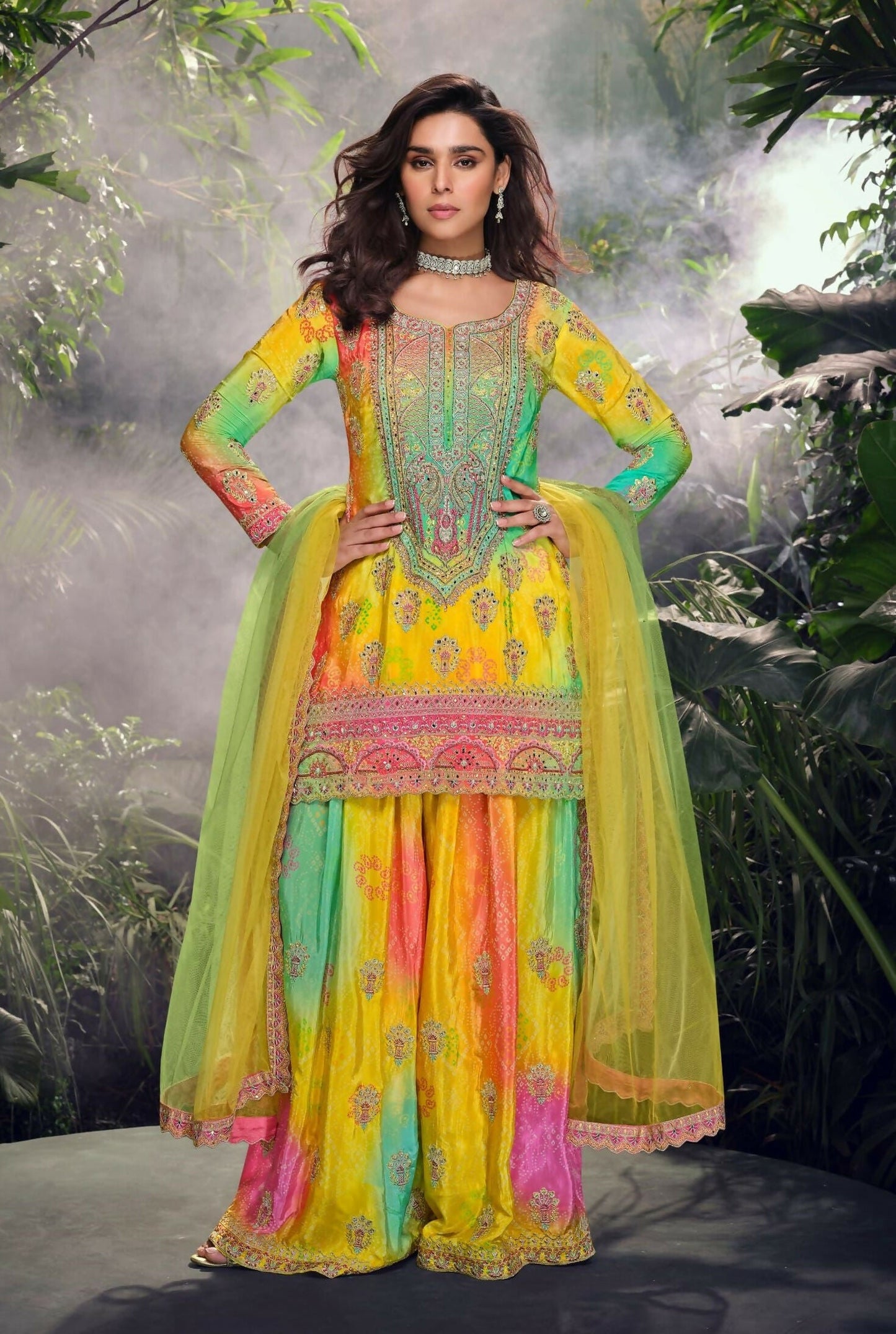 Anaita Yellow Chinon Stitched Suit with Embroidery & Sequence Work