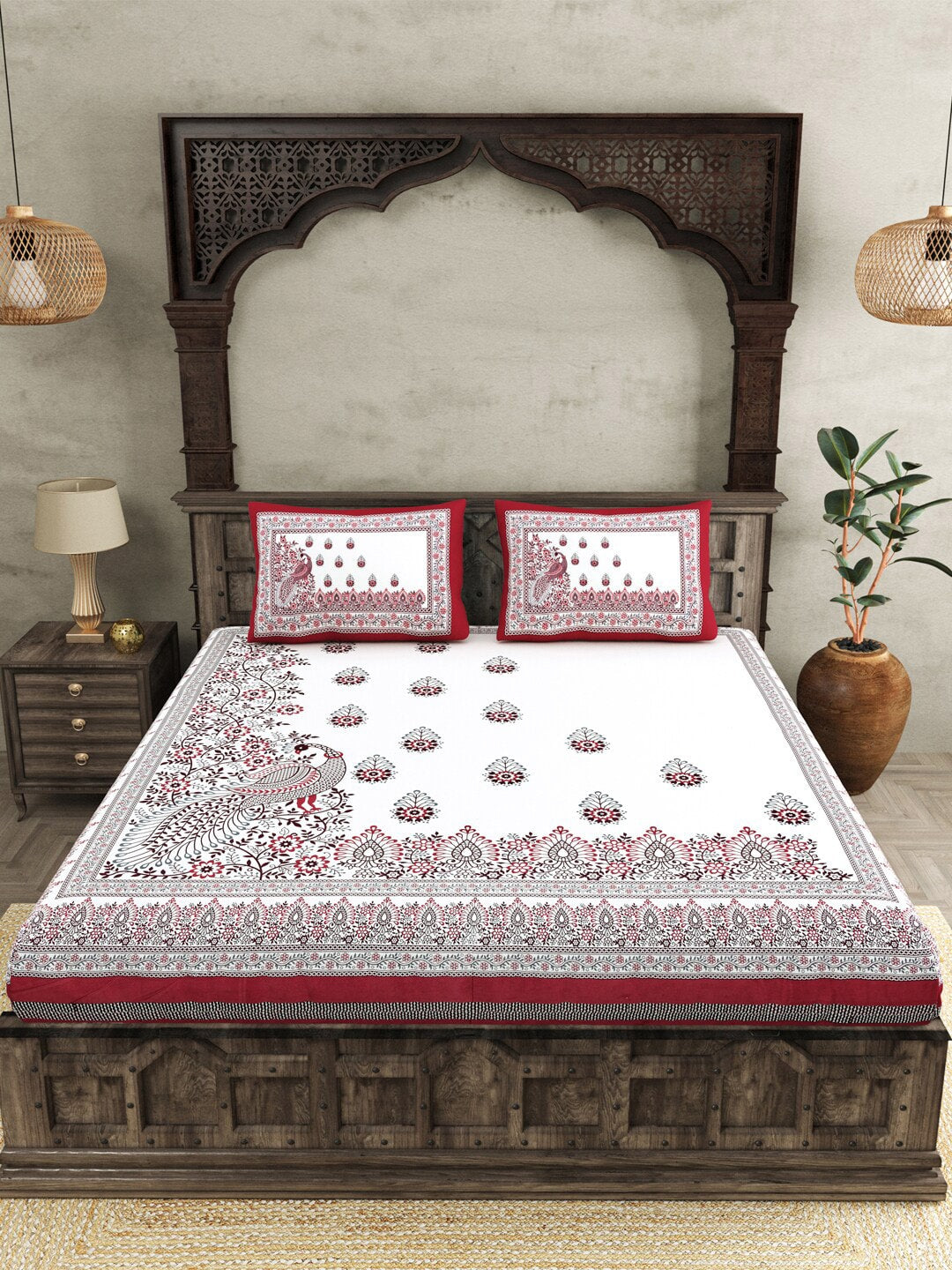 JAIPUR FABRICWhite Red Ethnic Motifs Cotton 250 TC King Bedsheet With 2 Pillow Covers