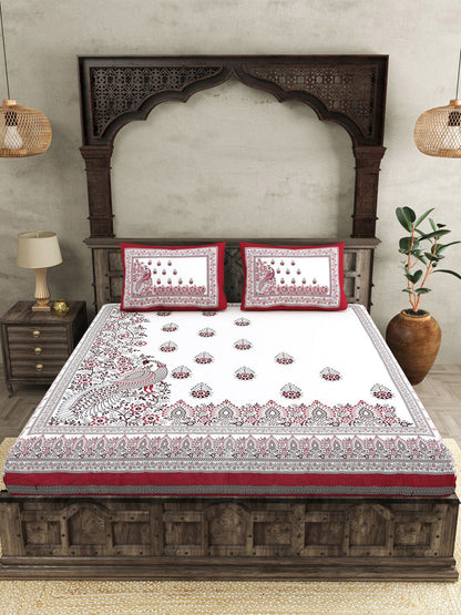 JAIPUR FABRICWhite Red Ethnic Motifs Cotton 250 TC King Bedsheet With 2 Pillow Covers